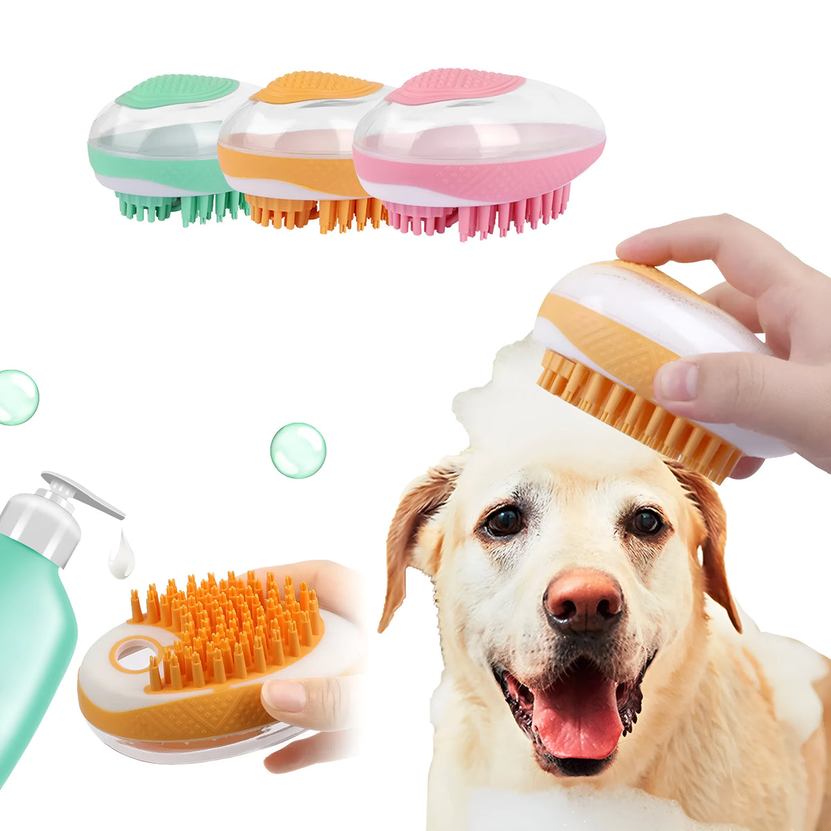 2-in-1 dog cat bath brush with soft silicone bristles in green non-slip grip design