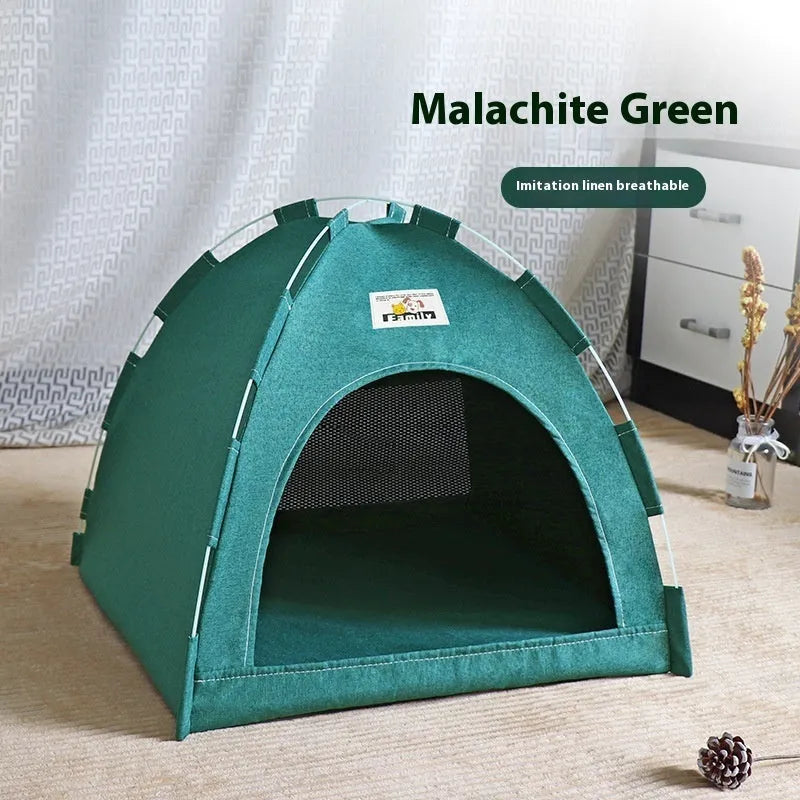 Grey removable washable pet tent bed for cats and small dogs on a wooden floor.
