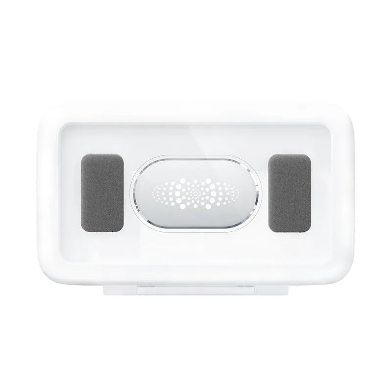 White waterproof phone holder mounted on tile with phone inside showing touch screen and anti-fog window.