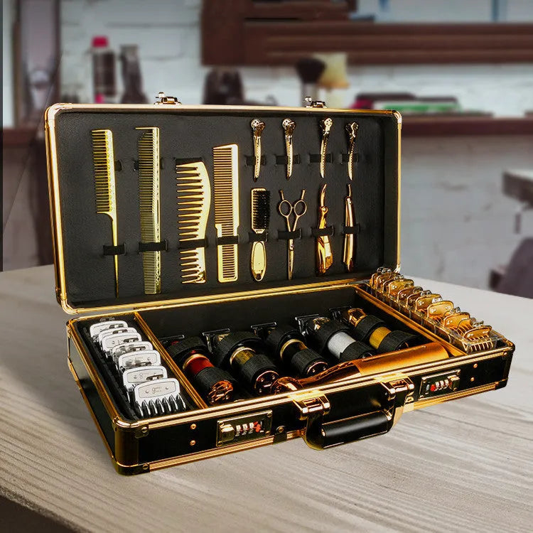 Black PVC suitcase with combination lock for storing hair styling tools, shown with dimensions 55cm by 27cm.