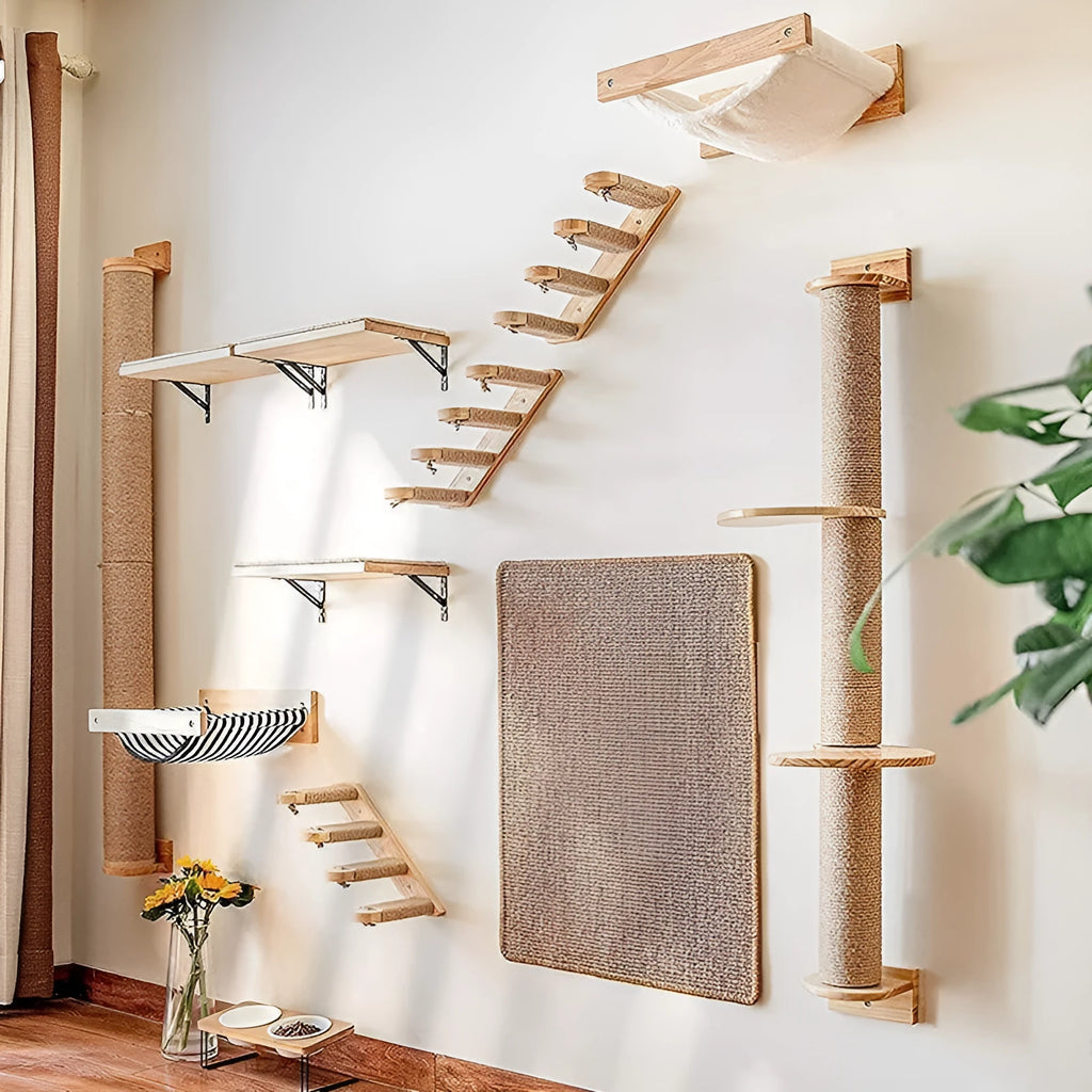 Wooden wall-mounted cat climbing frame with flax scratching post and jump platform in wood colour