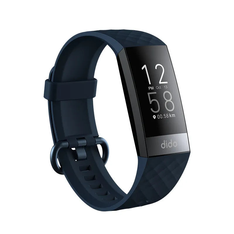 Black smart health bracelet with a 1.1-inch screen displaying heart rate and blood oxygen data on a wrist.