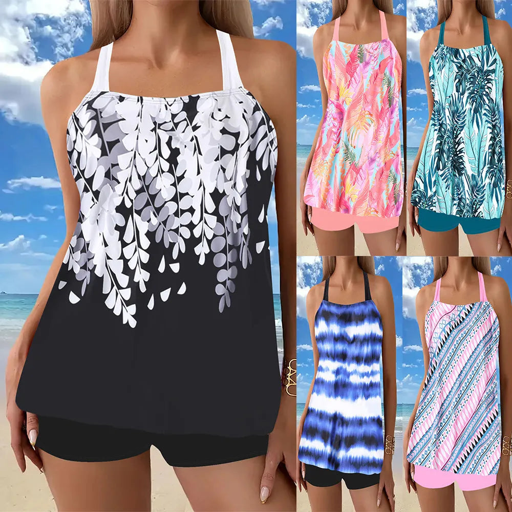 Women's split printed polyester bikini swimsuit in black, sleeveless top and briefs, size S to 5XL