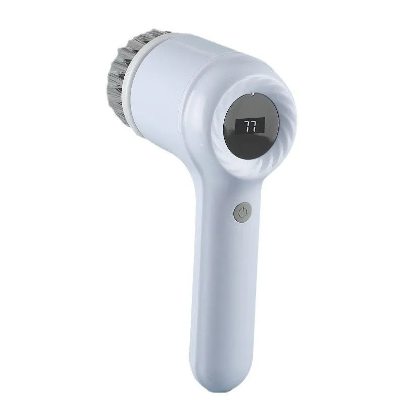 Light grey USB rechargeable electric cleaning brush with multiple interchangeable heads for kitchen use.