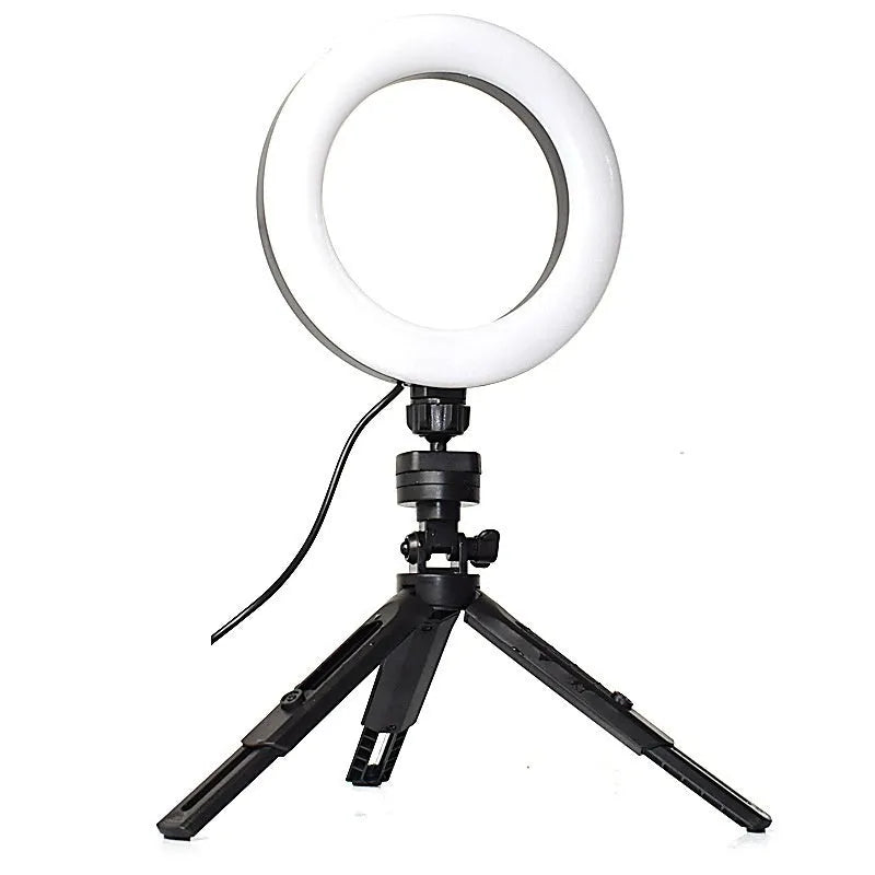Black desktop mobile phone bracket with adjustable colour fill light and flexible gooseneck arm