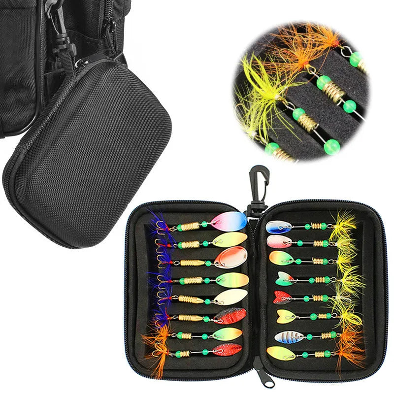 Composite sequins fishing bait bag with 16 colour lures in Oxford cloth case