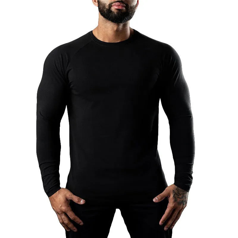 Men's tight-fitting long sleeve cotton sports T-shirt in multiple colours on a size chart.