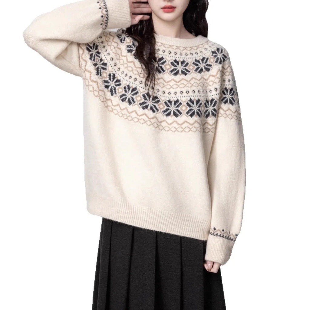 Women's milk white Fair Isle geometric pattern knitted pullover sweater on a hanger.