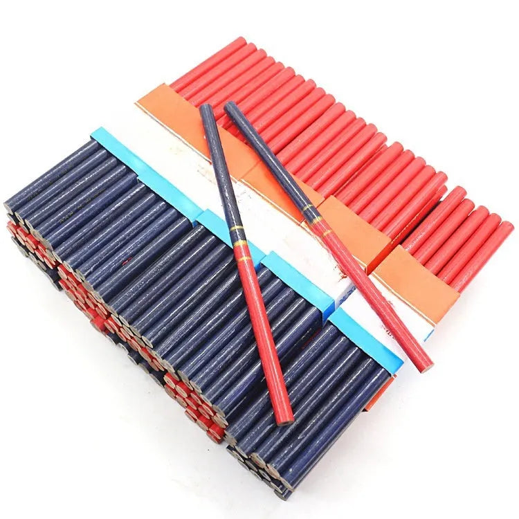 Ten red and blue two-colour carpenter pencils with round wooden barrels for marking