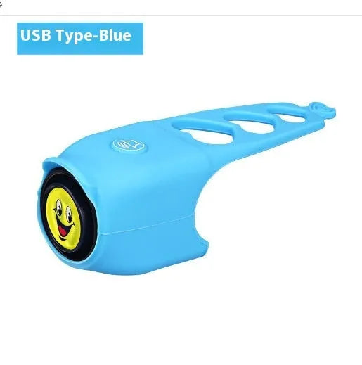 Bicycle electronic horn with plastic casing in multiple colours including black, green, purple on bicycle handlebars