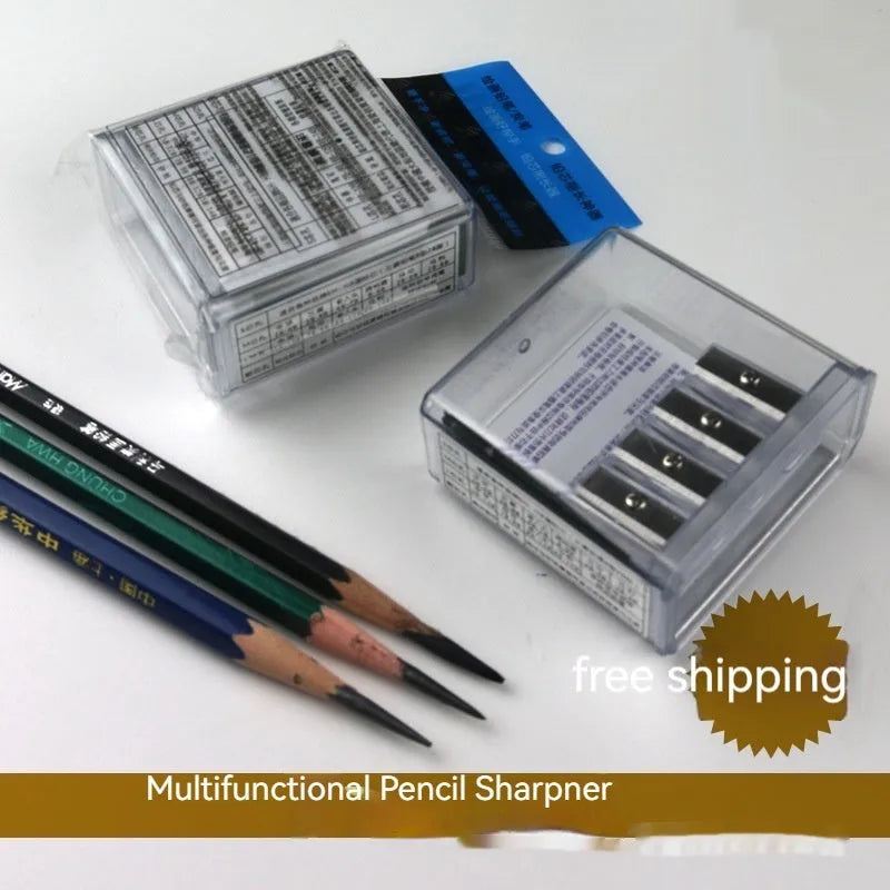 Geometric plastic pencil sharpener with four holes and an included screwdriver tool.