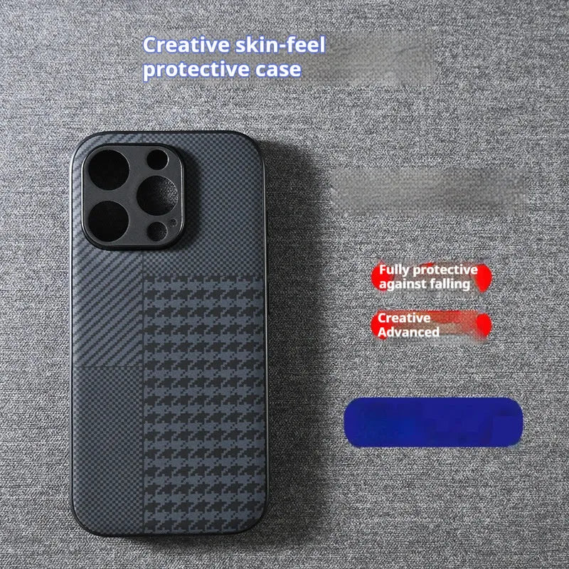Black pattern imitation leather anti-fall iPhone case, shockproof and fingerprint-proof, for iPhone 11-16 Pro Max
