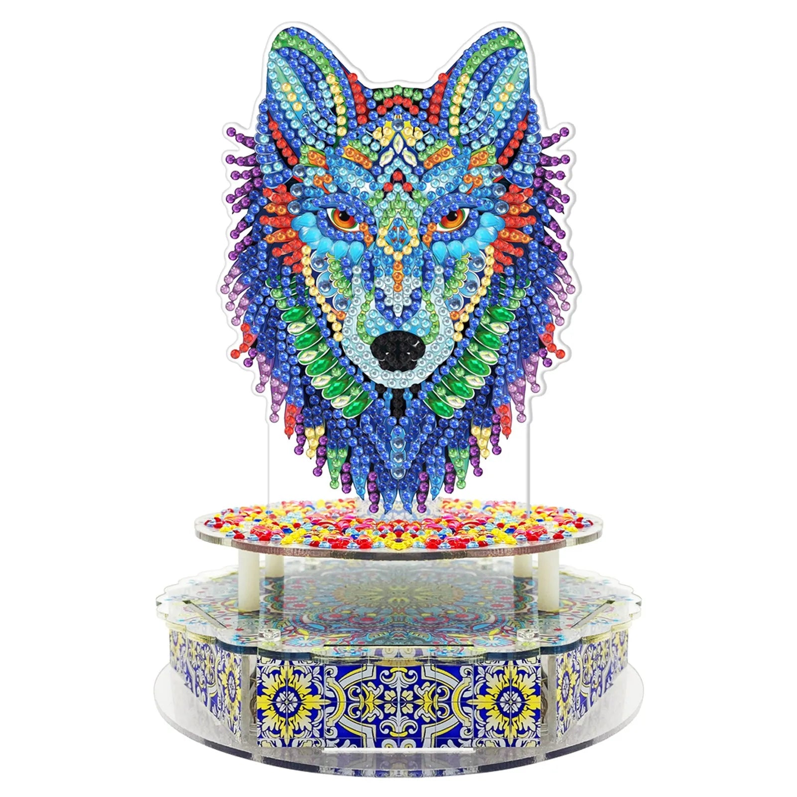 DIY diamond painting music box craft kit components including PVC plates, music movement, and LED string lights