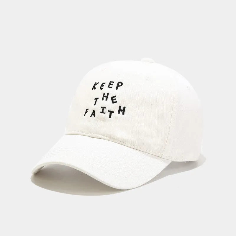 Men's beige cotton baseball cap with small black letter embroidery on front
