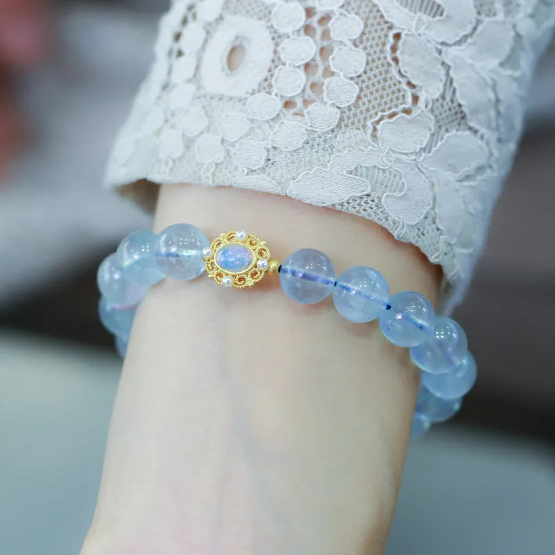 Aquamarine beaded bracelet with Chinese fengjiu fox charm in pearl or pink crystal colour variations