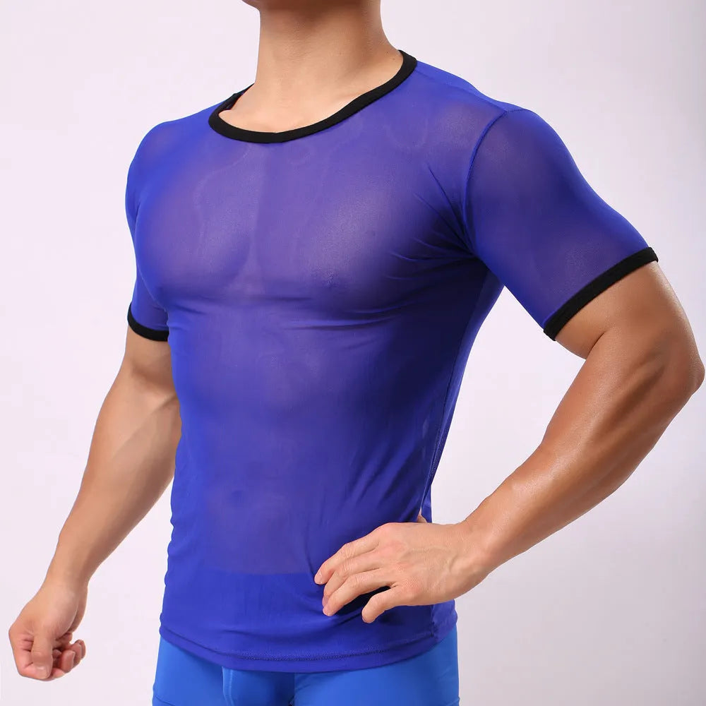 Men's slim fit transparent mesh T-shirt in solid colour with short sleeves