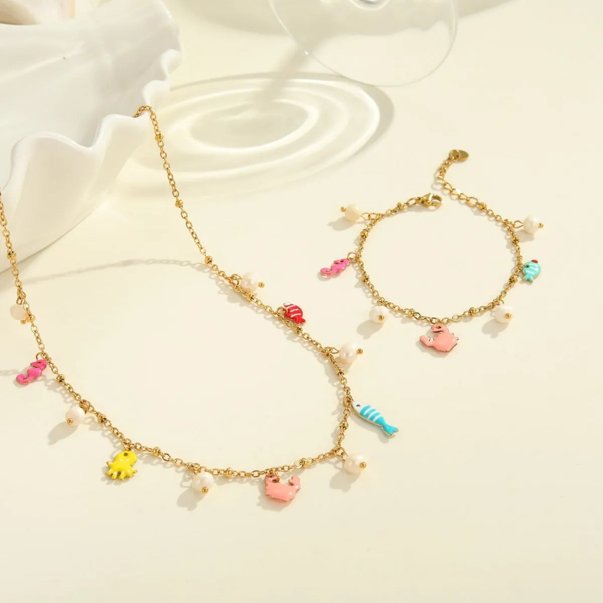 Stainless steel necklace with geometric pendant and alloy bracelet set, 18K electroplated, fashion OL style