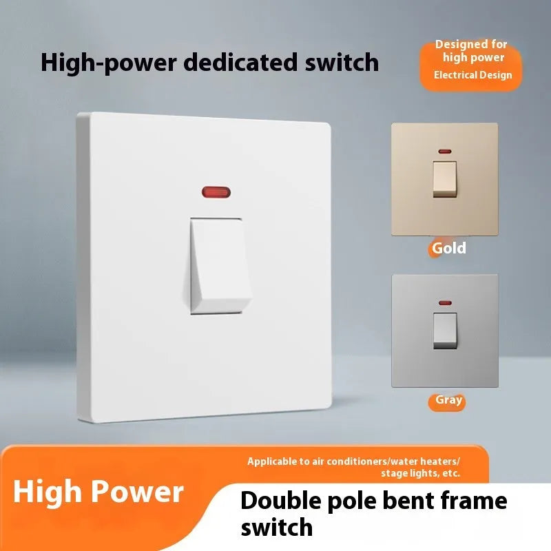 Gold coloured high-current double-break wall switch with illuminated light panel.