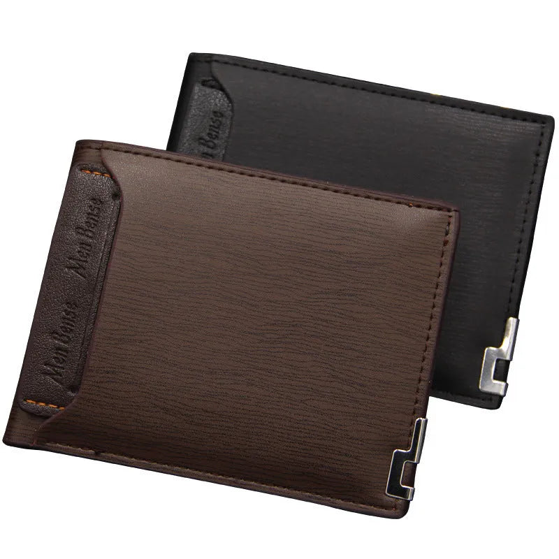 Men's black PU leather short wallet with iron-edge construction showing card slots and note compartment