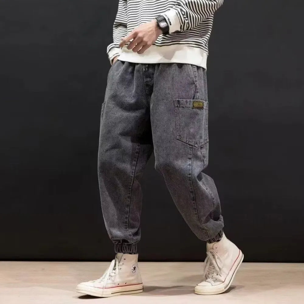 Men's mid waist straight leg cargo jeans in blue and grey, sizes M to 5XL, polyester denim blend.