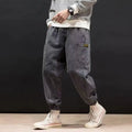 Men's mid waist straight leg cargo jeans in blue and grey, sizes M to 5XL, polyester denim blend.