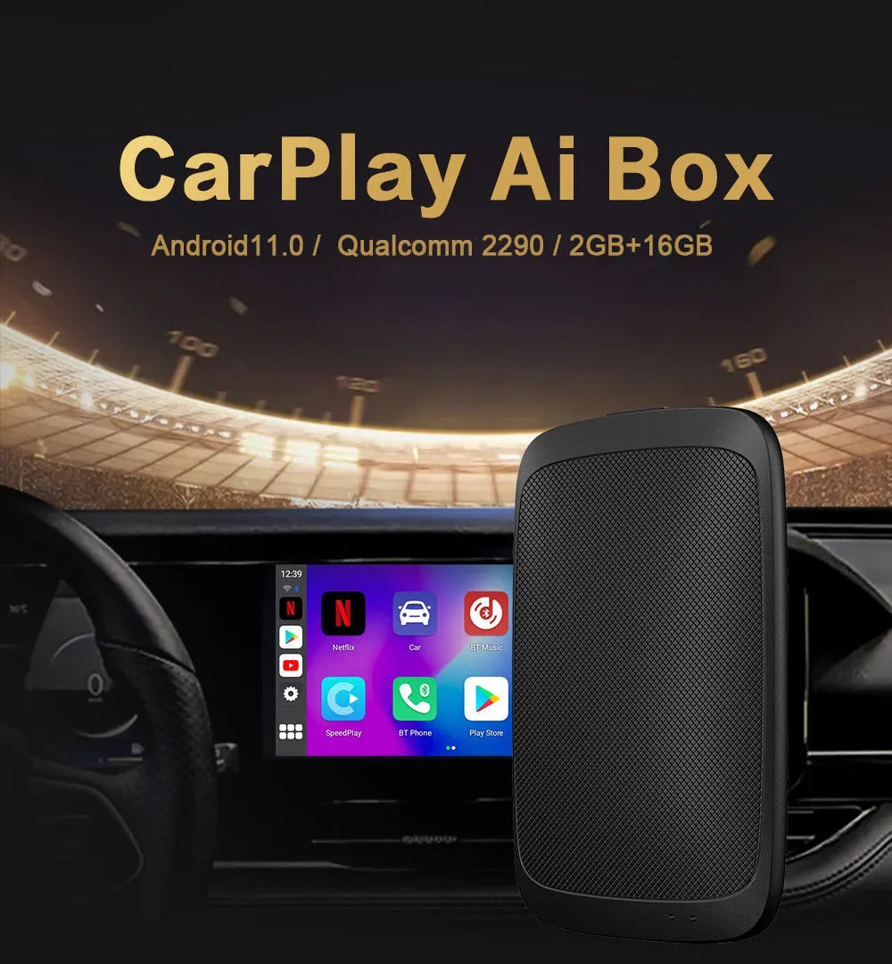 Black Carplay Box for Android 11 with 9-inch touch screen, showing Type-C port and compact 80mm size.