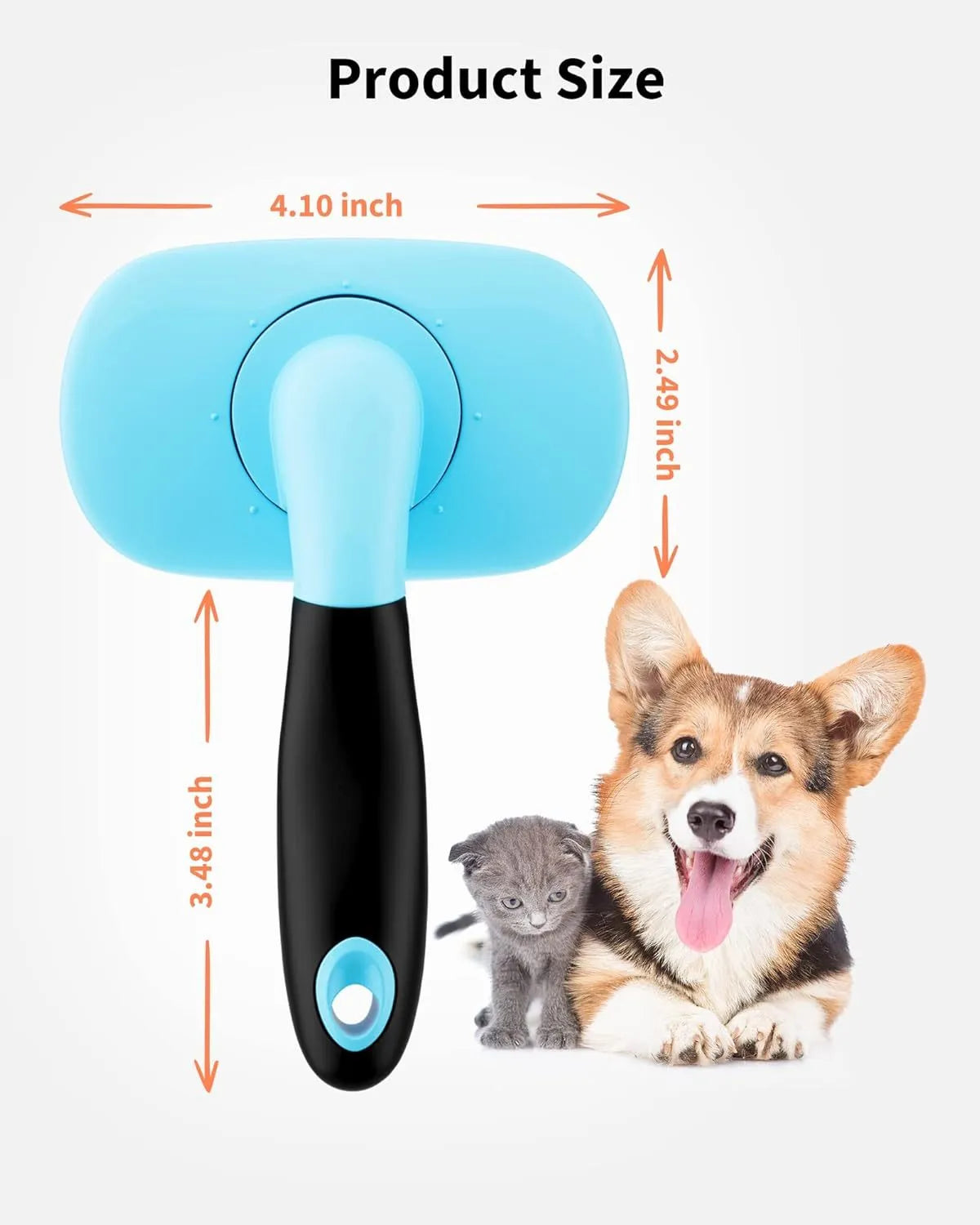 Blue large rectangular pet grooming brush with stainless steel bristles and rubber handle on white background