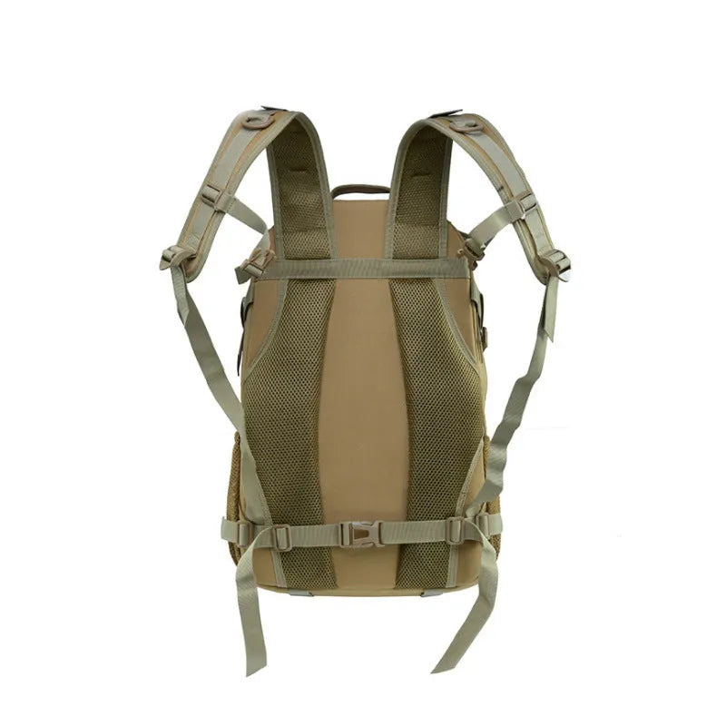 Green camouflage Oxford cloth mountaineering backpack with black straps and air pillow belt, shown from the side.