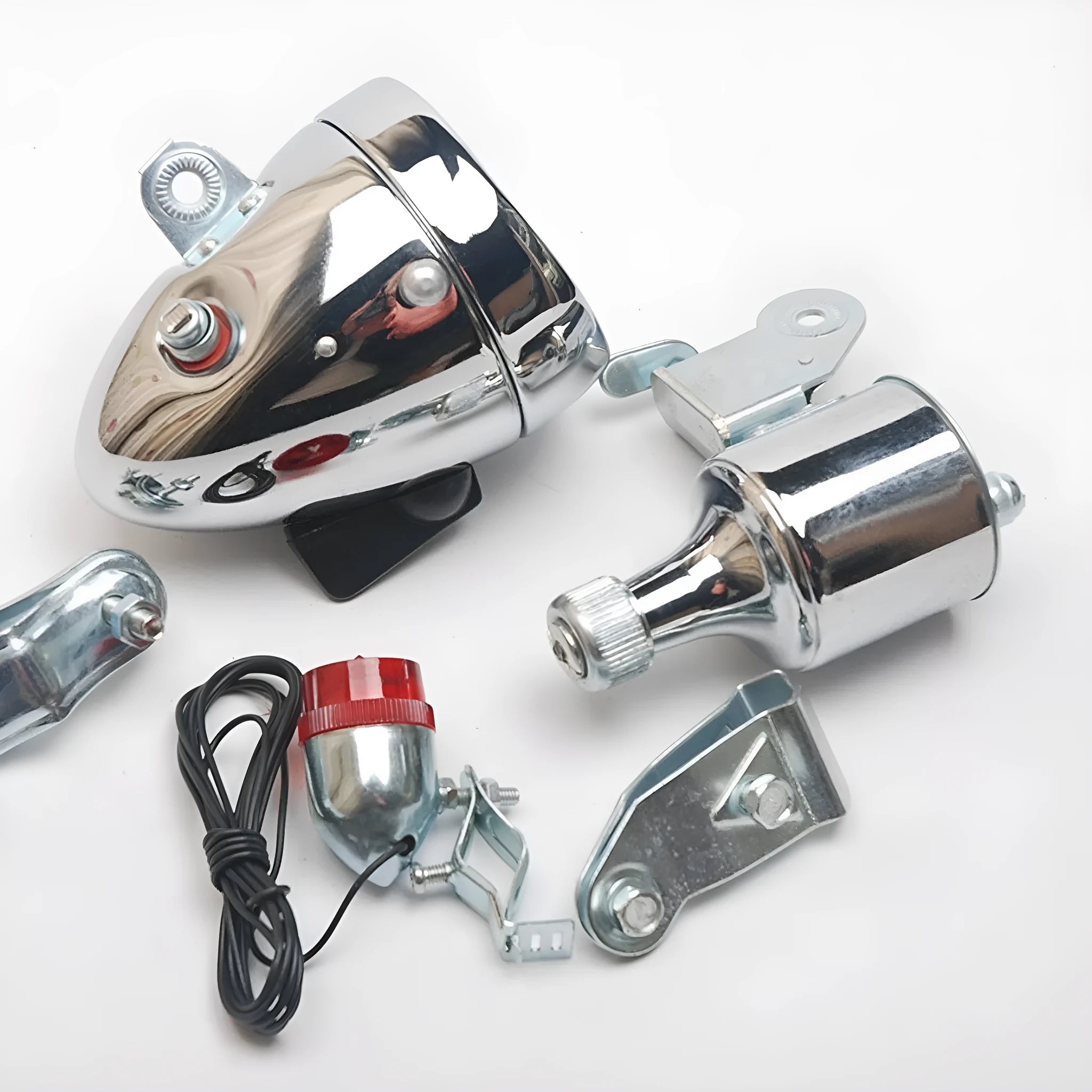 Silver bicycle dynamo generator light kit for front fork or rear frame mounting with 12V and 6V options