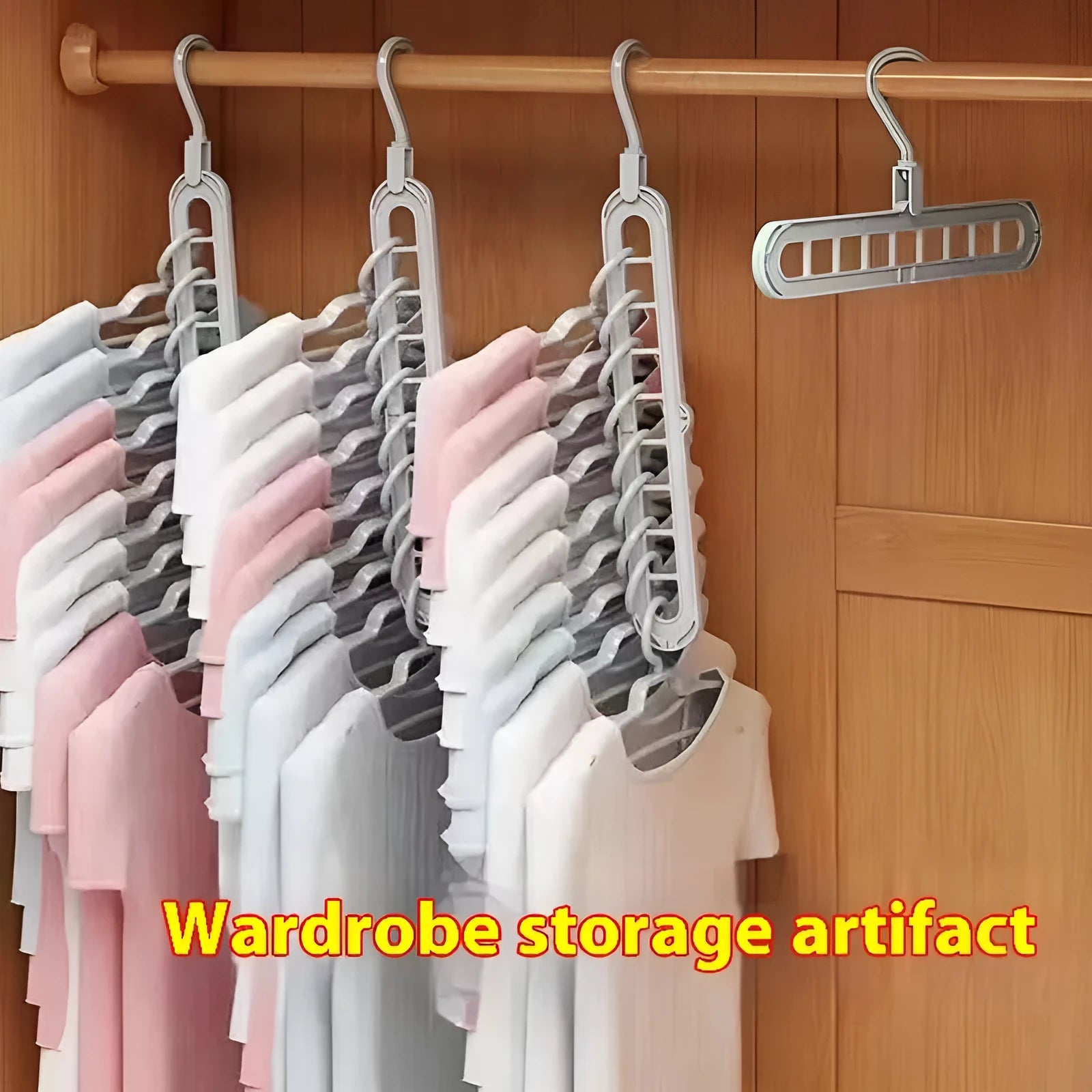 Plastic folding hanger with nine holes for trousers in beige, blue, green, grey, or pink colours.