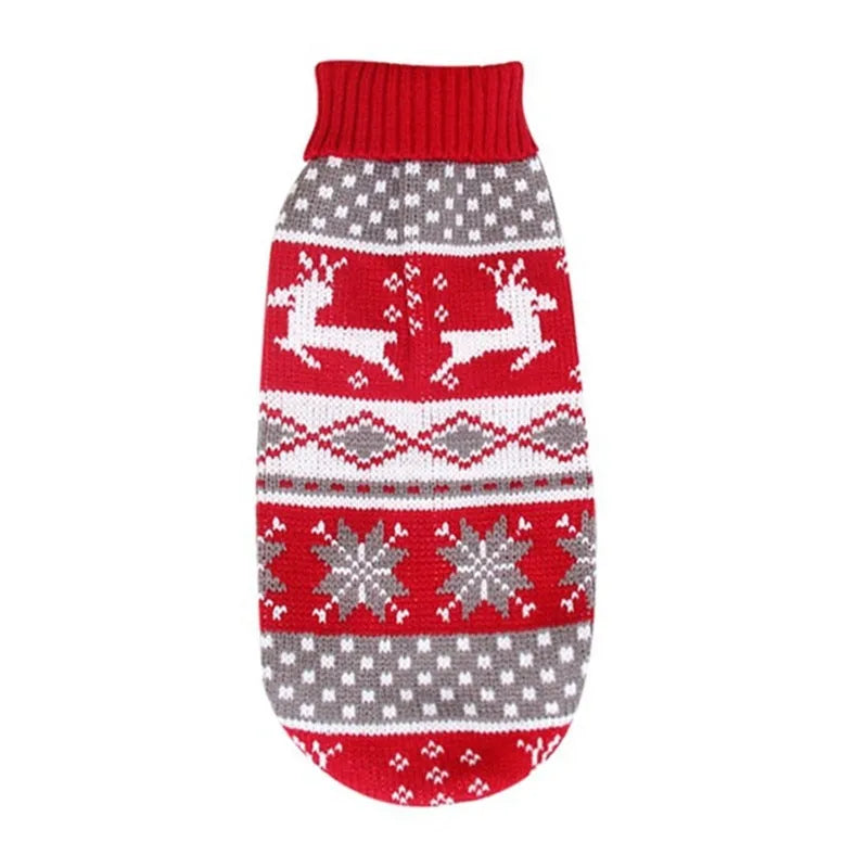 Christmas turtleneck knitting sweater for dogs in red reindeer pattern on a small dog, acrylic fabric, multiple sizes available