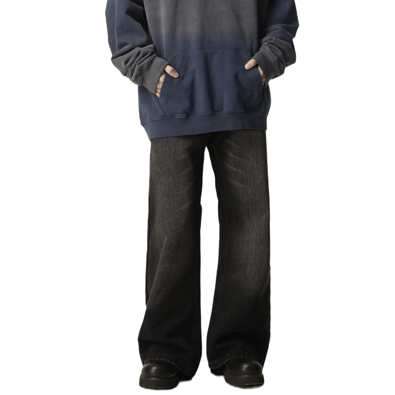 Black American retro loose straight jeans with zip fly opening on denim background