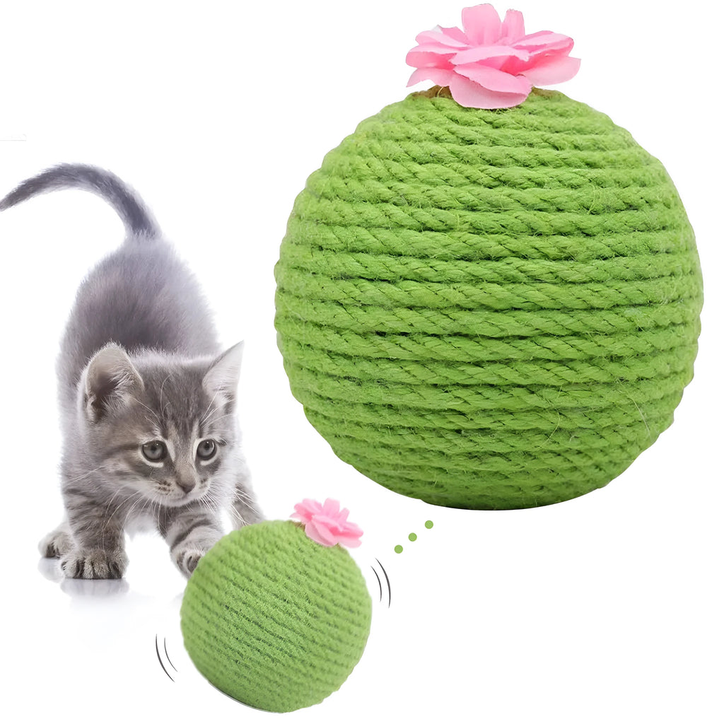 Green cactus-shaped cat activity tower with sisal scratching post and a tumbler ball catnip toy.