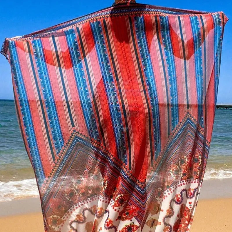 Women's three-piece split swimsuit set showing high-waisted briefs, cutout blouse, and coat in the pictured colour.