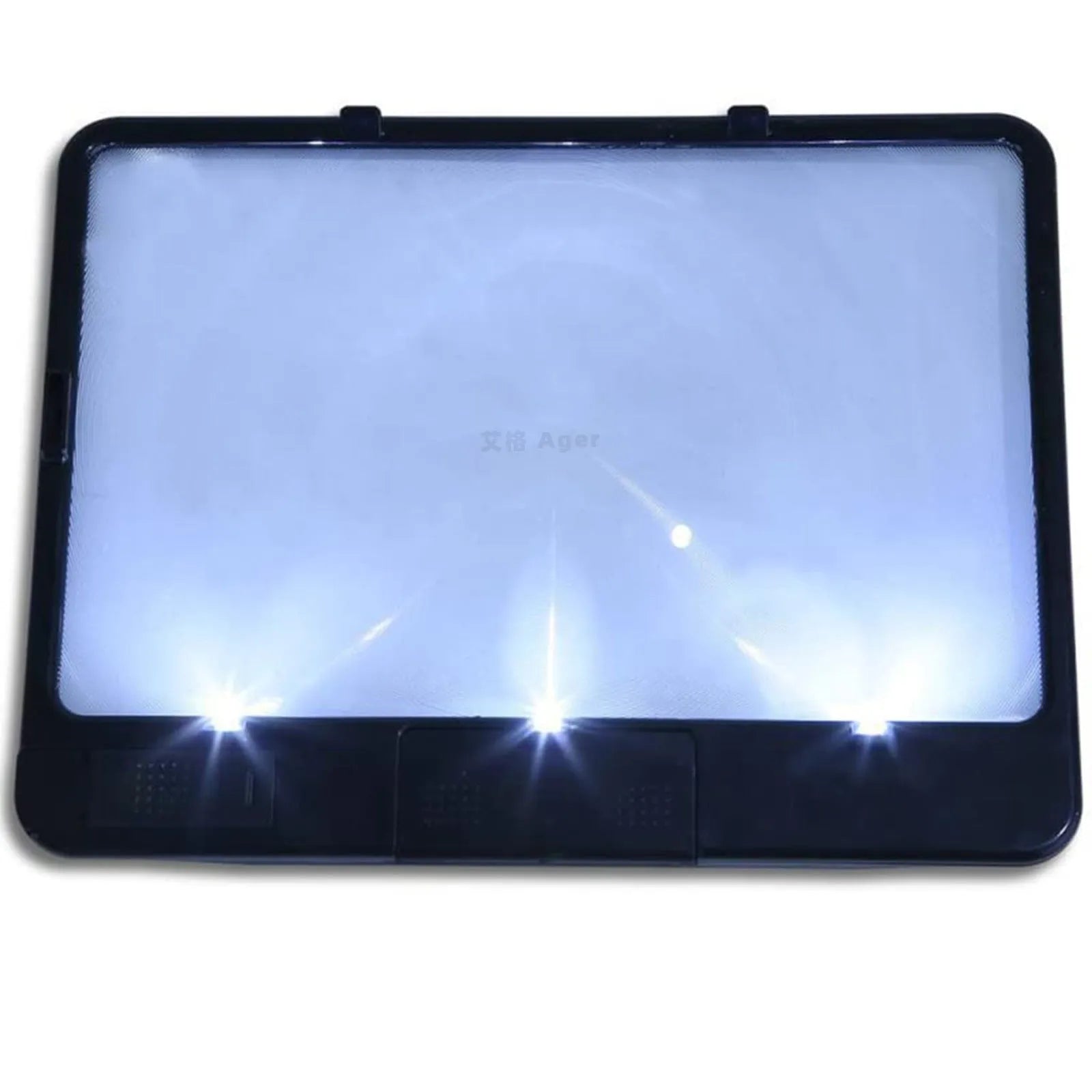 Black desktop magnifying glass with LED light showing large rectangular lens and PVC handle