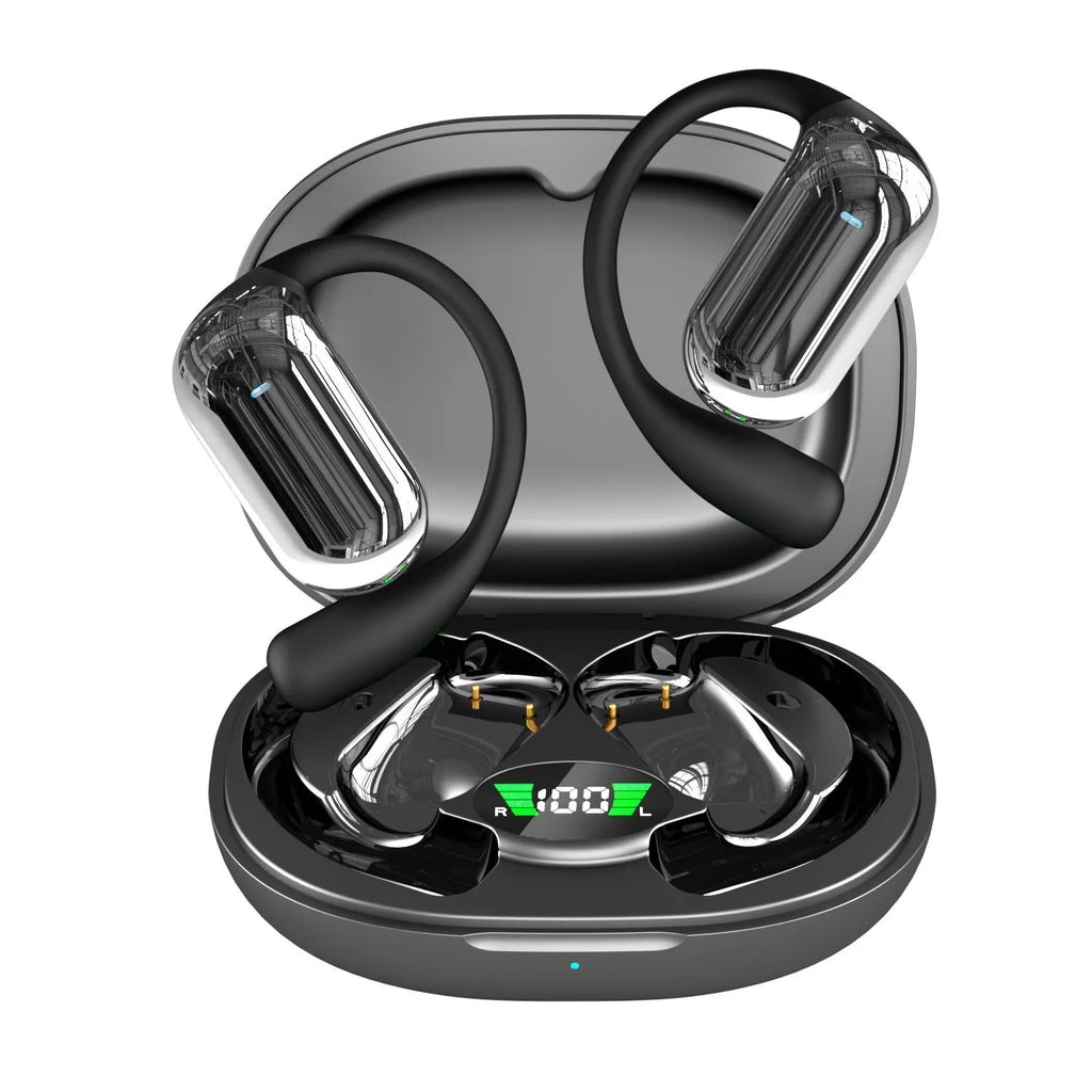 Black open ear Bluetooth headset with ear hook and digital display on charging case