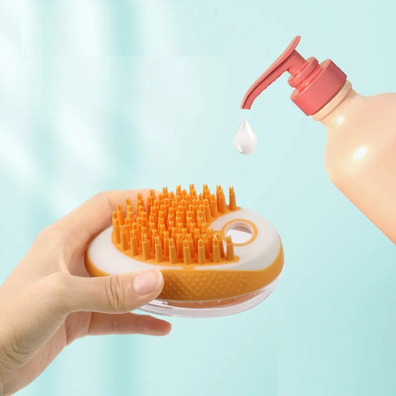 2-in-1 dog cat bath brush with soft silicone bristles in green non-slip grip design