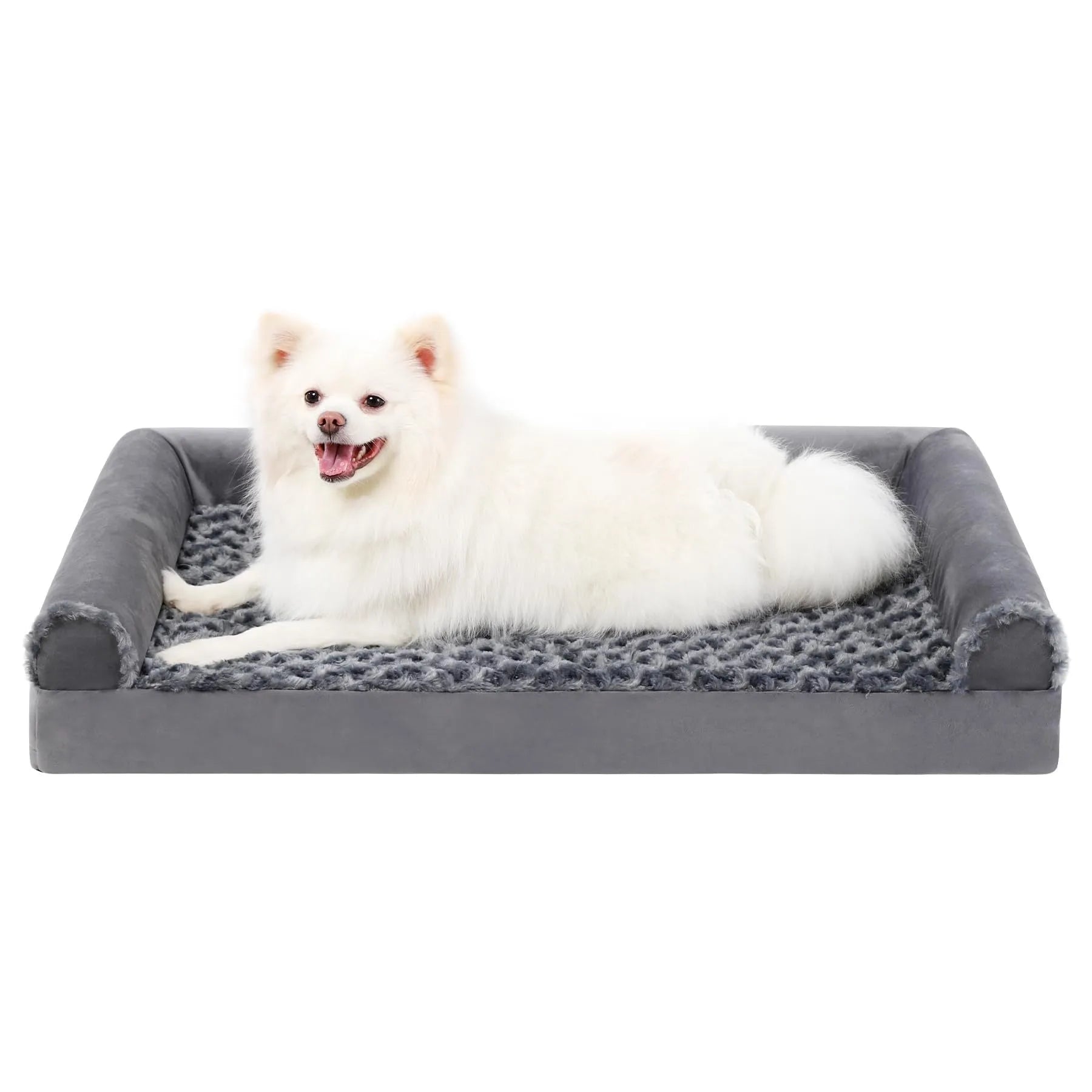 Grey U-shaped velvet dog sofa bed with removable washable cover and sponge insert