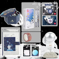 Galaxy-themed stationery gift box with astronaut notebook and hand ledger featuring hot stamping patterns and 3D motifs