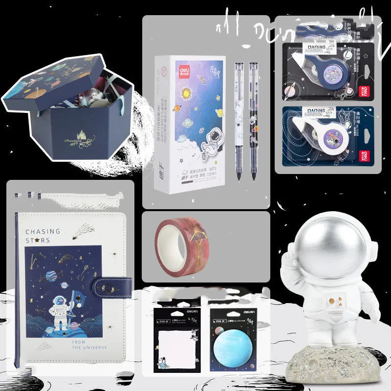 Galaxy-themed stationery gift box with astronaut notebook and hand ledger featuring hot stamping patterns and 3D motifs