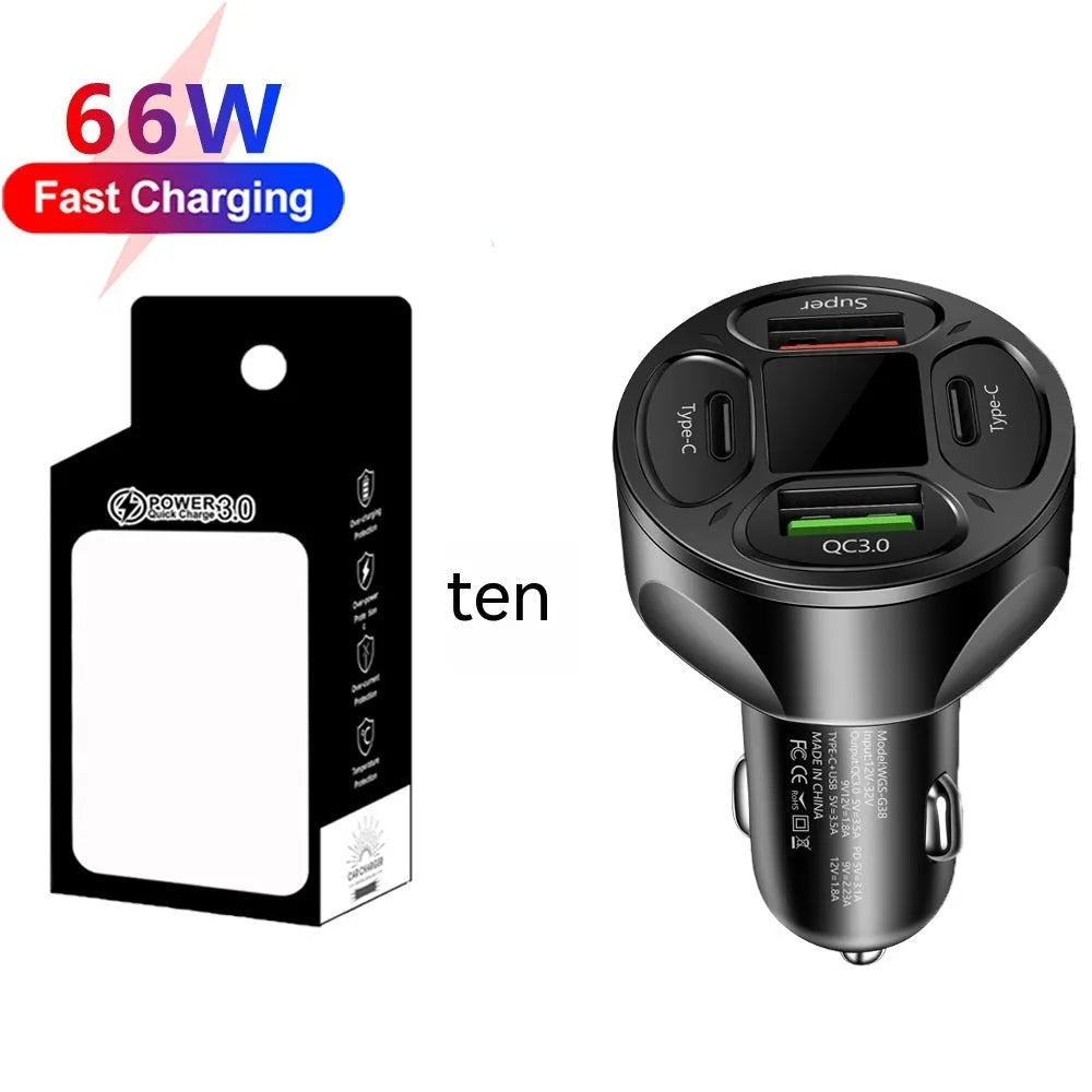 66W digital display car charger with 2USB and 2Type-C ports for fast charging