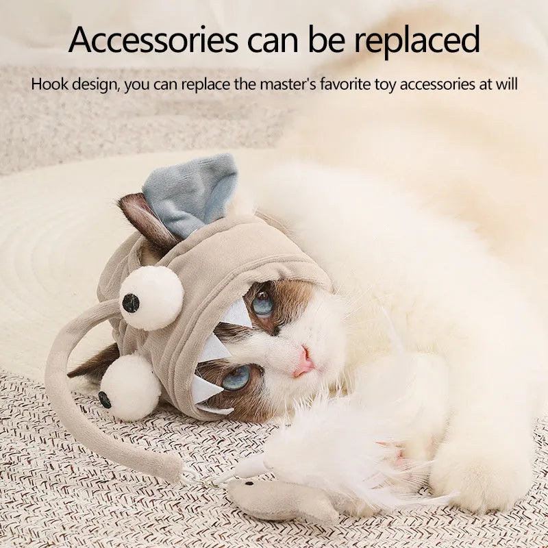 Adjustable head-mounted cat teaser toy with grey big eye fish attachment and dinosaur design