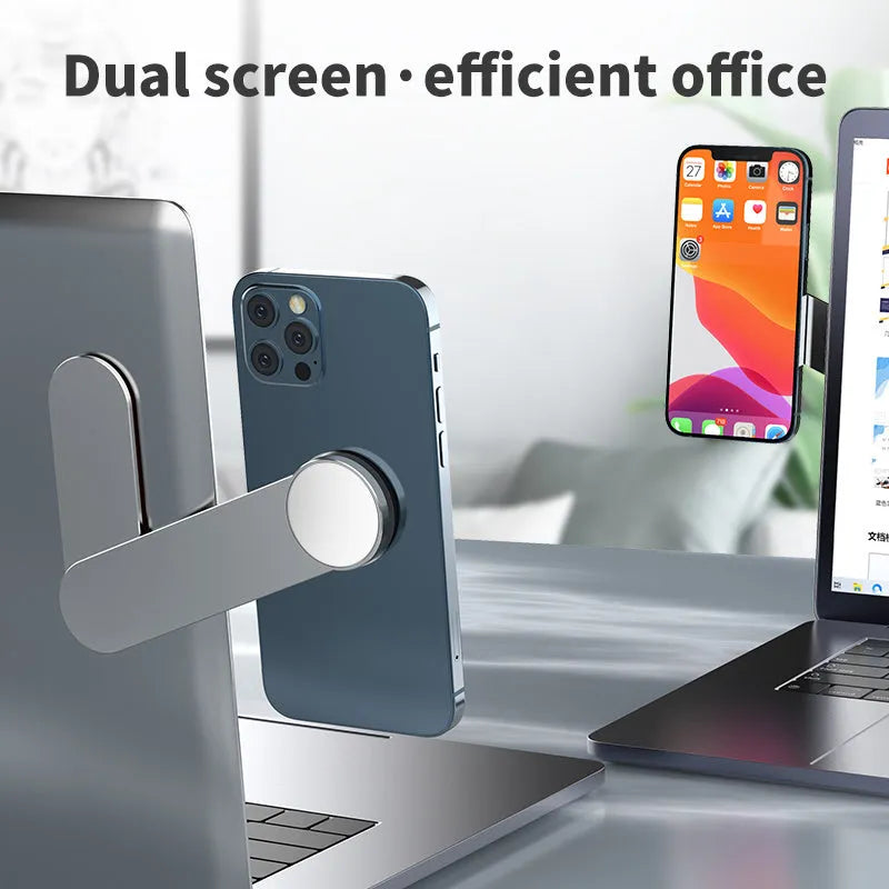 Silver aluminium alloy dual screen extension bracket with magnetic phone holder for computer workstation
