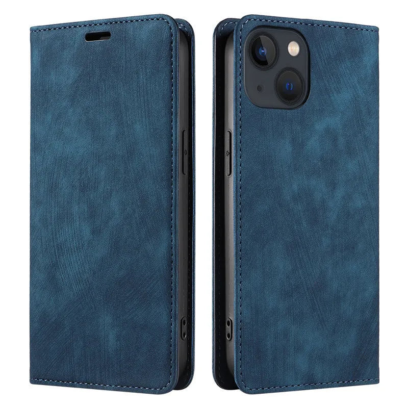 Magnetic flip phone case for iPhone in leather and TPU, shown closed with secure magnetic clasp.