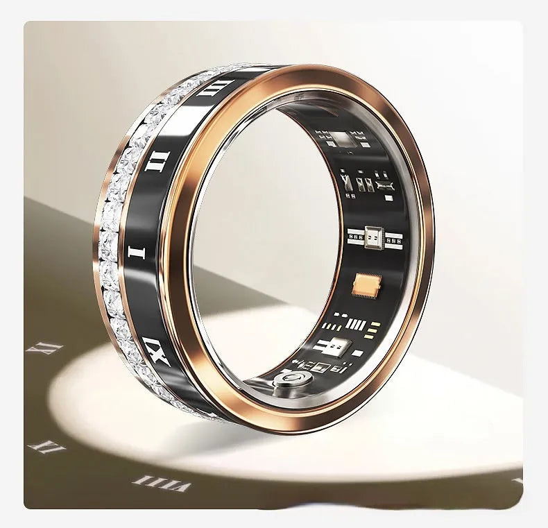 Diamond inlaid smart ring in silver and gold on finger, showing health tracking sensors.