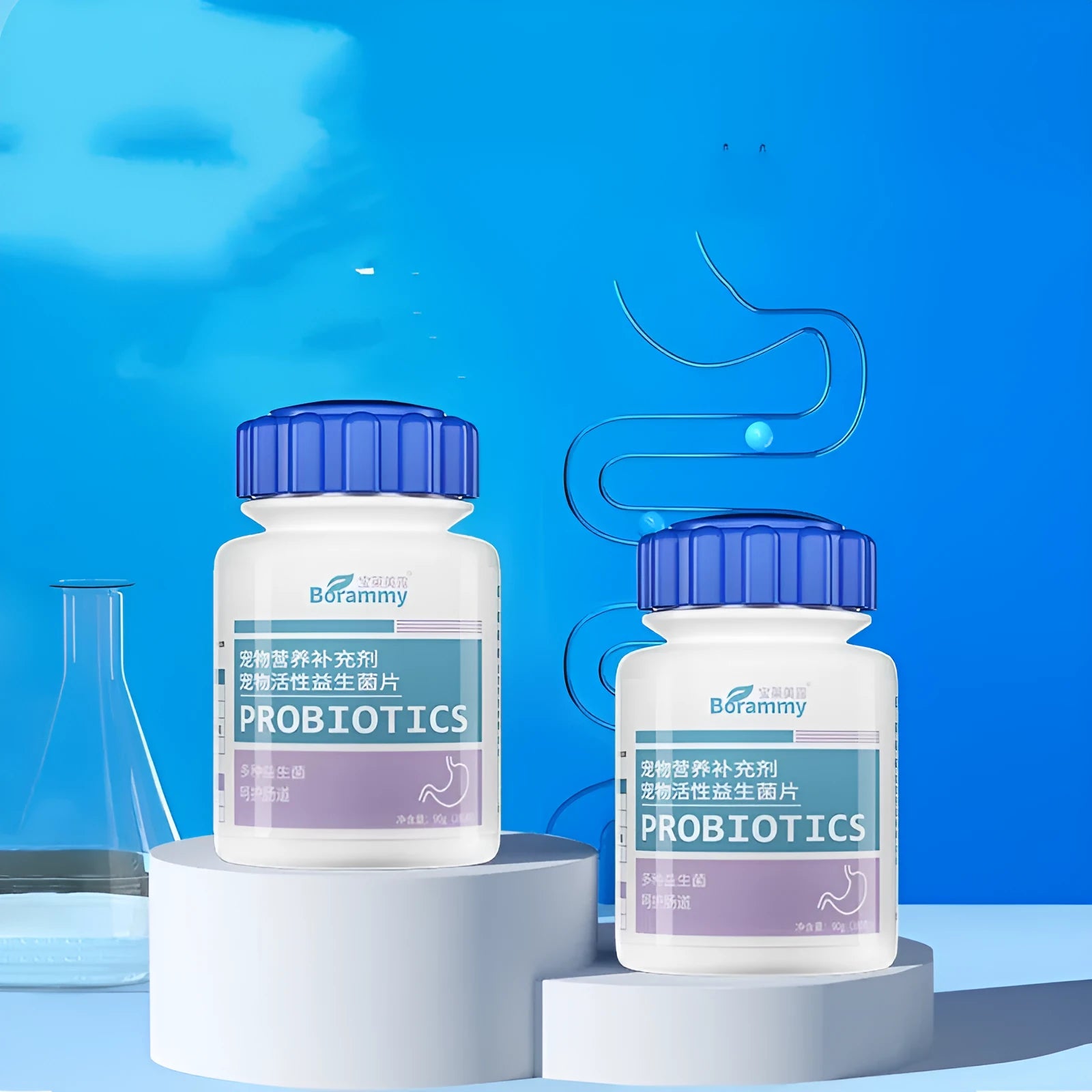 Sealed bottle containing 180 pet probiotic tablets for dog and cat digestive support.