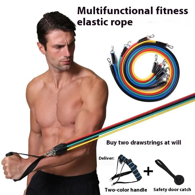Multi-functional door sports 11-piece combination pulling rope set with ABS components on a white background.