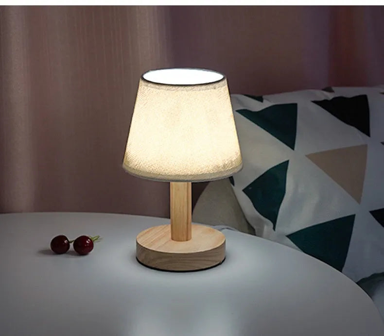 Creative solid wood fabric bedside lamp with geometric stereo design and remote control in heather gray finish