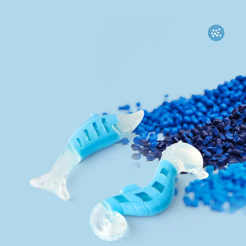 Two dog chew toys - seahorse and tuna shapes - made from soft PU nylon material
