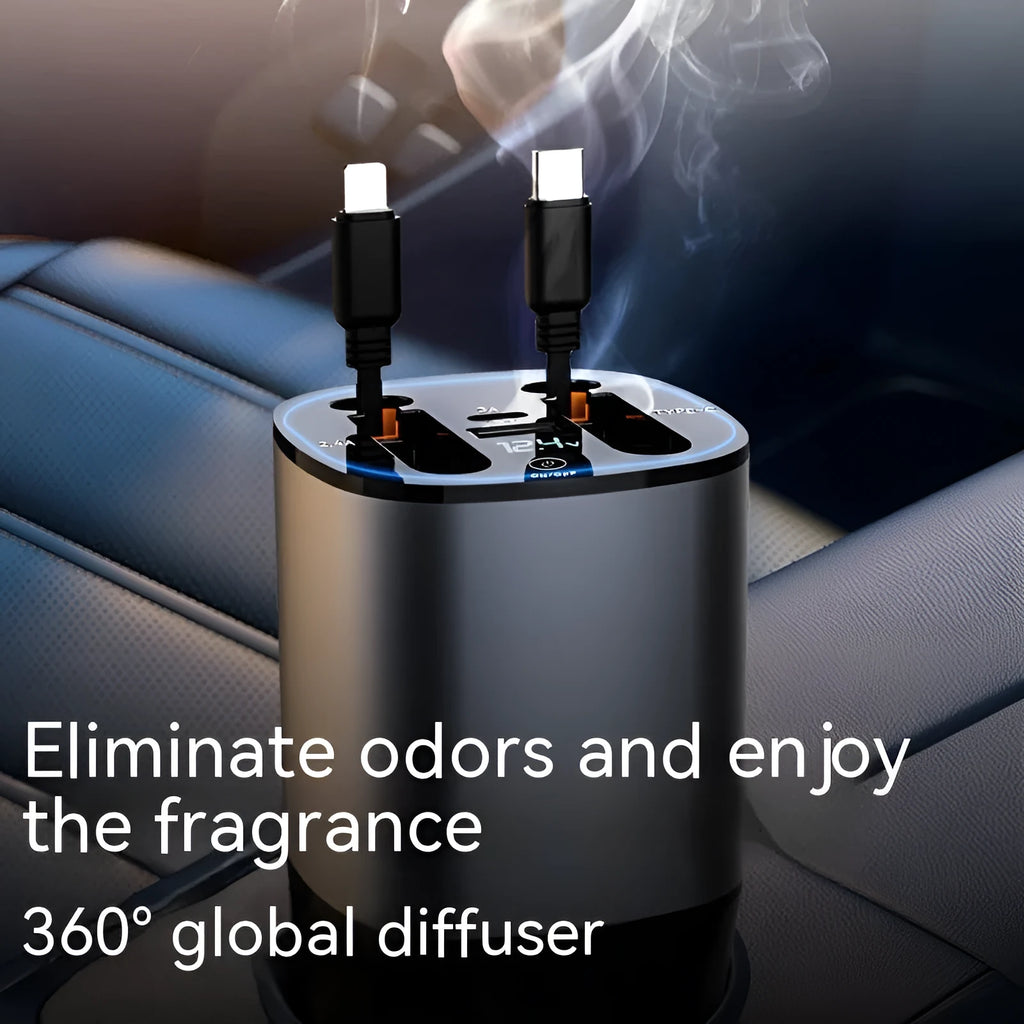 Gun grey matte black cup holder car charger with retractable cable showing multiple USB and Type-C charging ports